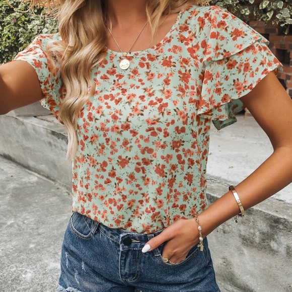 Bohemian Orange Ditsy Floral Butterfly Sleeve Blouse - Picture 11 of 11